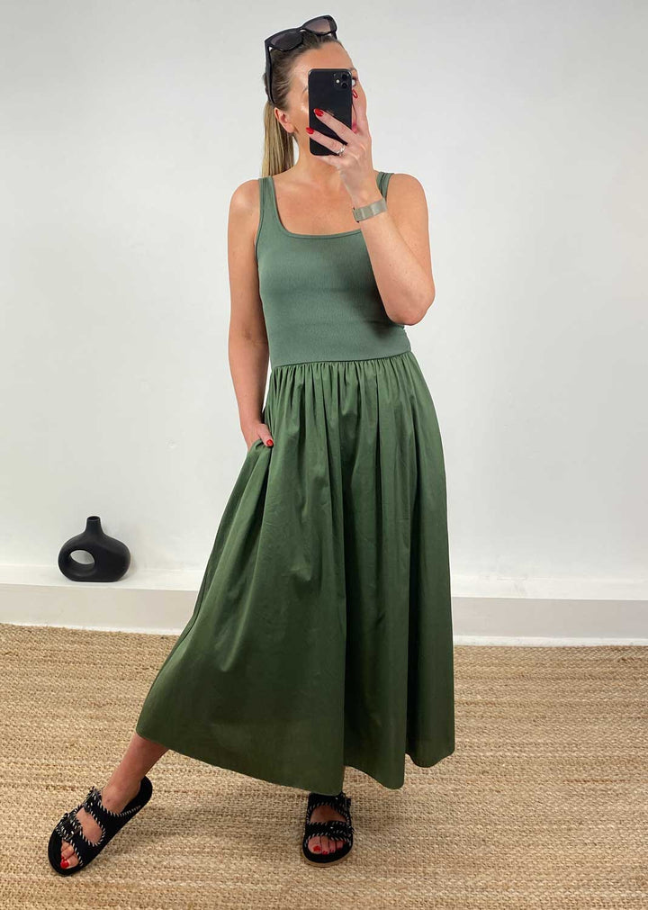 Lily Ribbed Tea Dress in Khaki