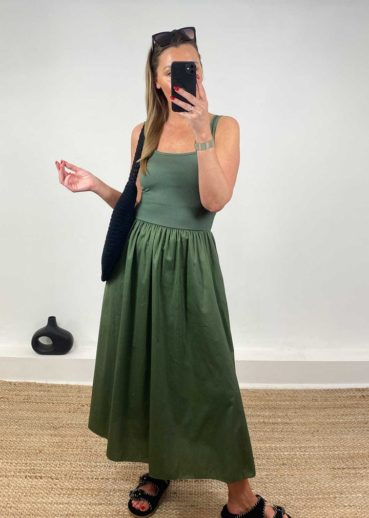 Lily Ribbed Tea Dress in Khaki