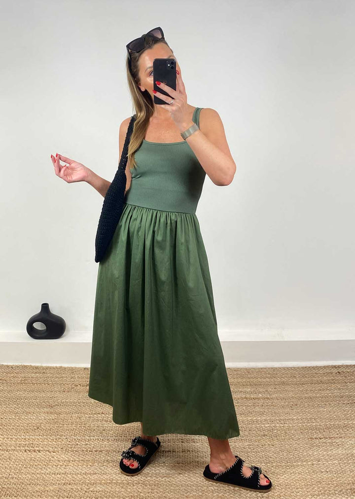 Lily Ribbed Tea Dress in Khaki