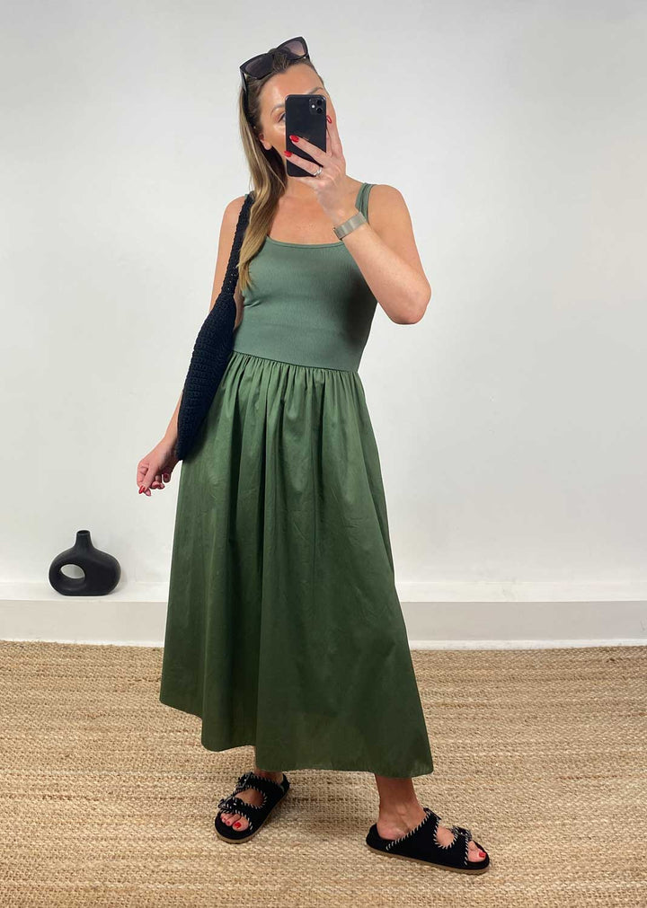 Lily Ribbed Tea Dress in Khaki