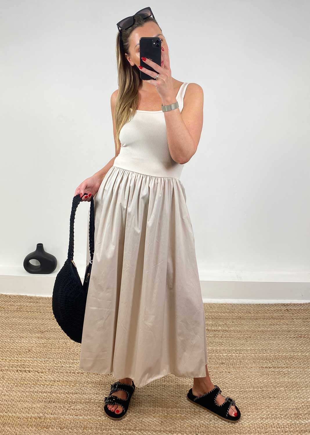 Lily Ribbed Tea Dress in Beige