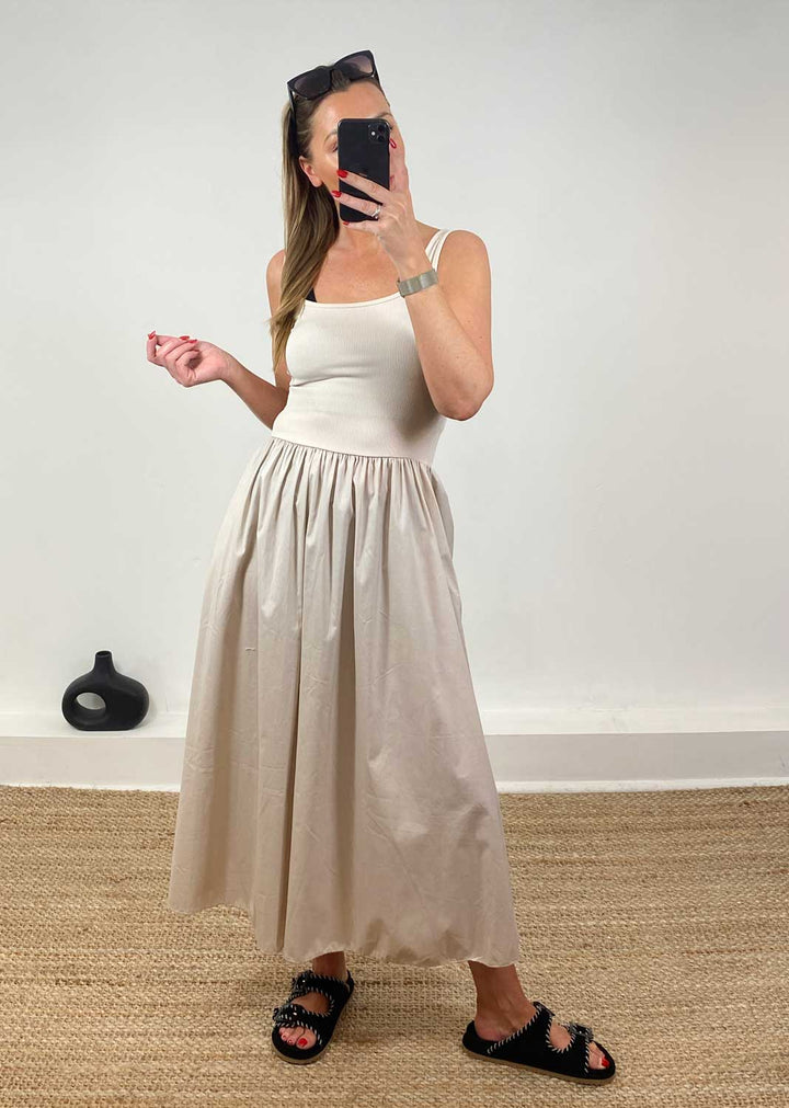 Lily Ribbed Tea Dress in Beige
