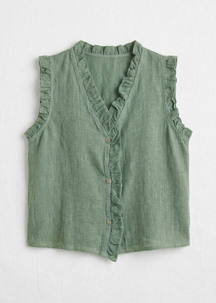 Lina Sage Green Linen Button Top