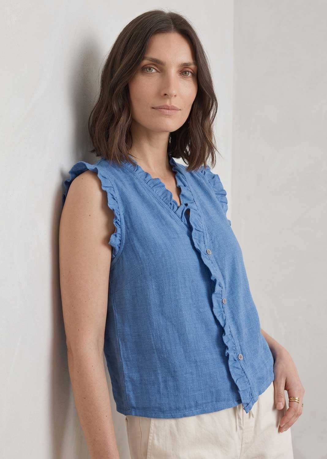 Lina Blue Linen Button Top