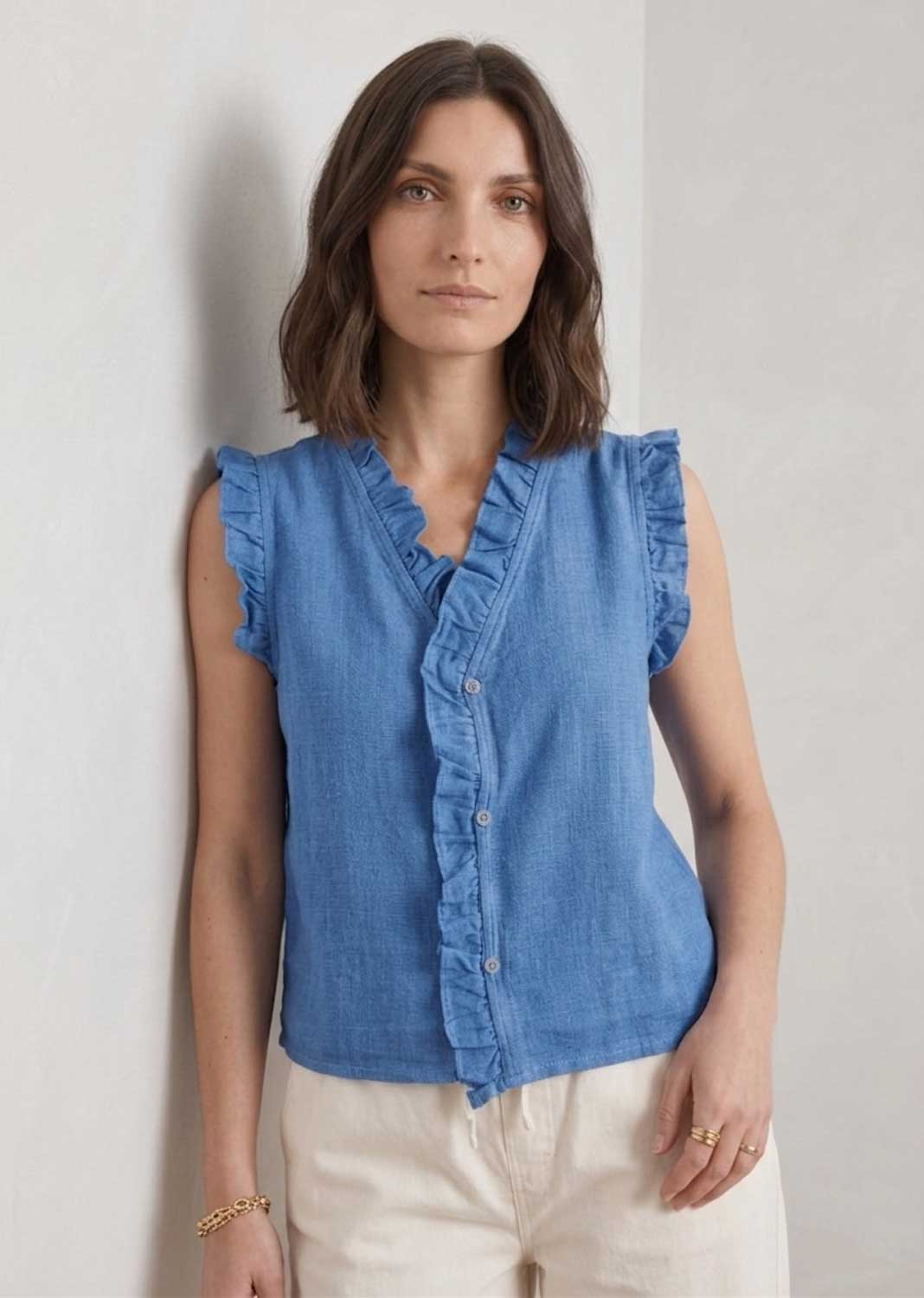 blue linen sleeveless top 
