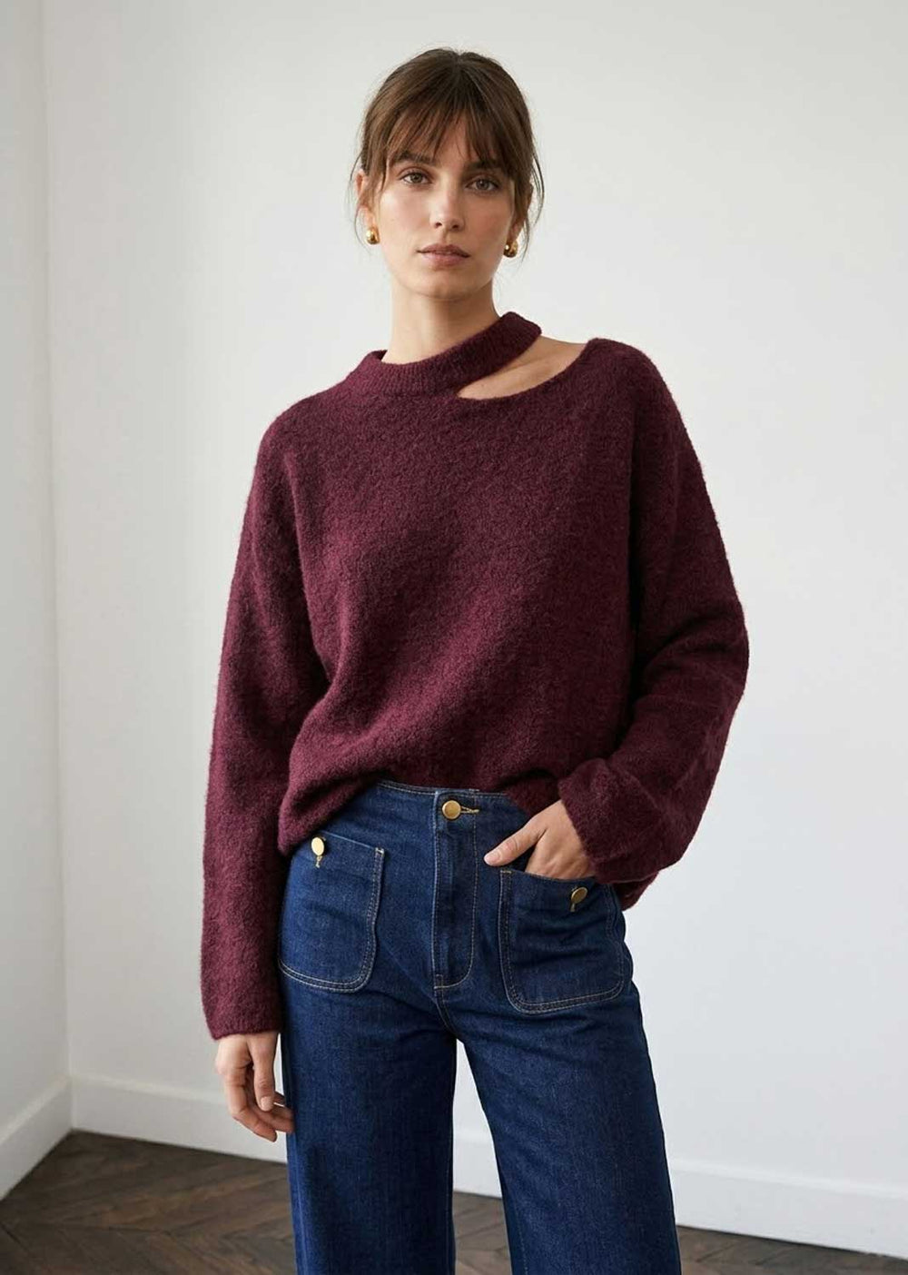 plum cut out knit jumper