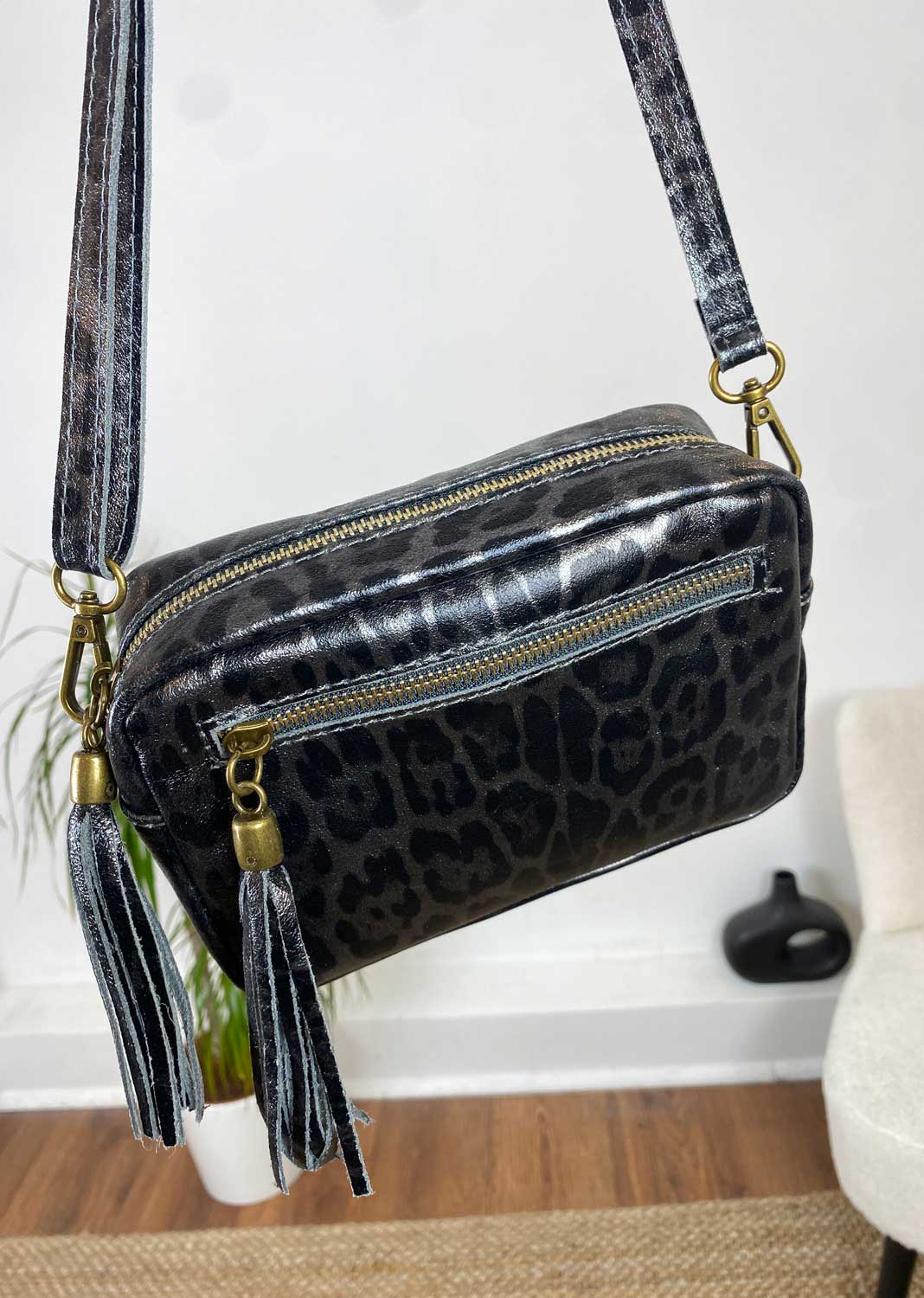 Leopard Metallic Camera Bag in Pewter