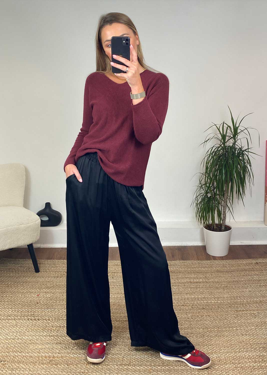 Brooke Silky Tie Waist Pants in Black