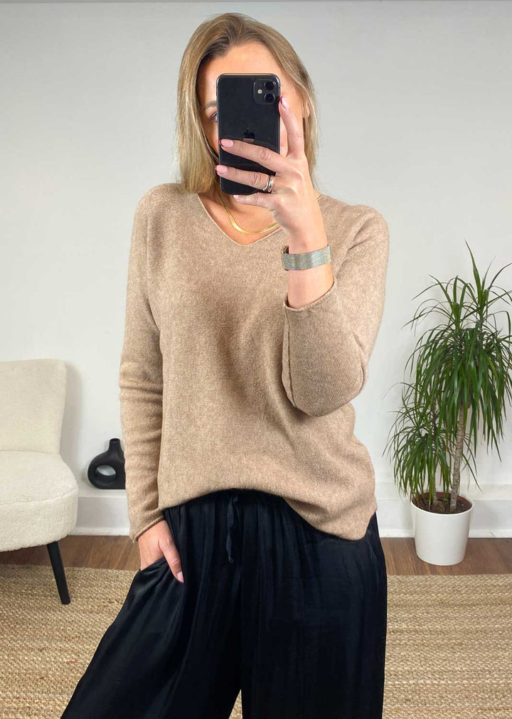 Lorna V Neck Knit Jumper in Camel