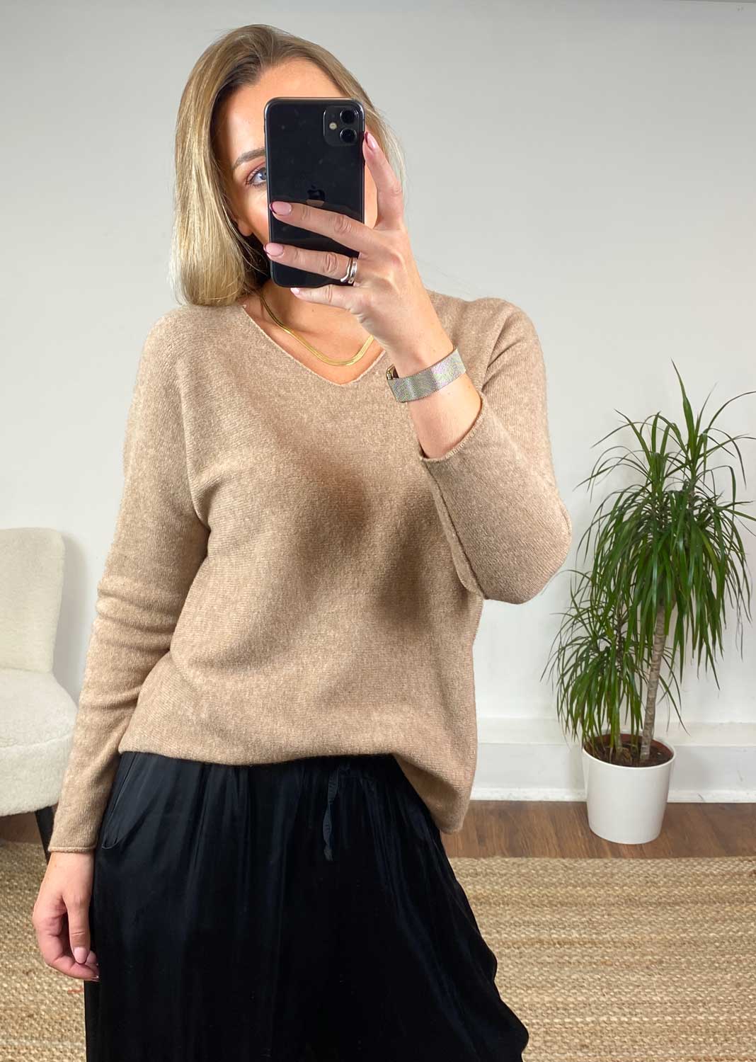 Lorna V Neck Knit Jumper in Camel