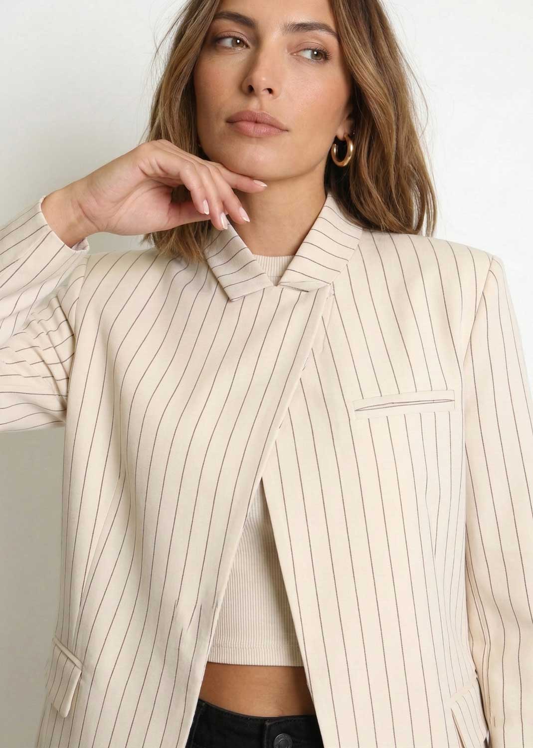 funnel neck pinstripe blazer