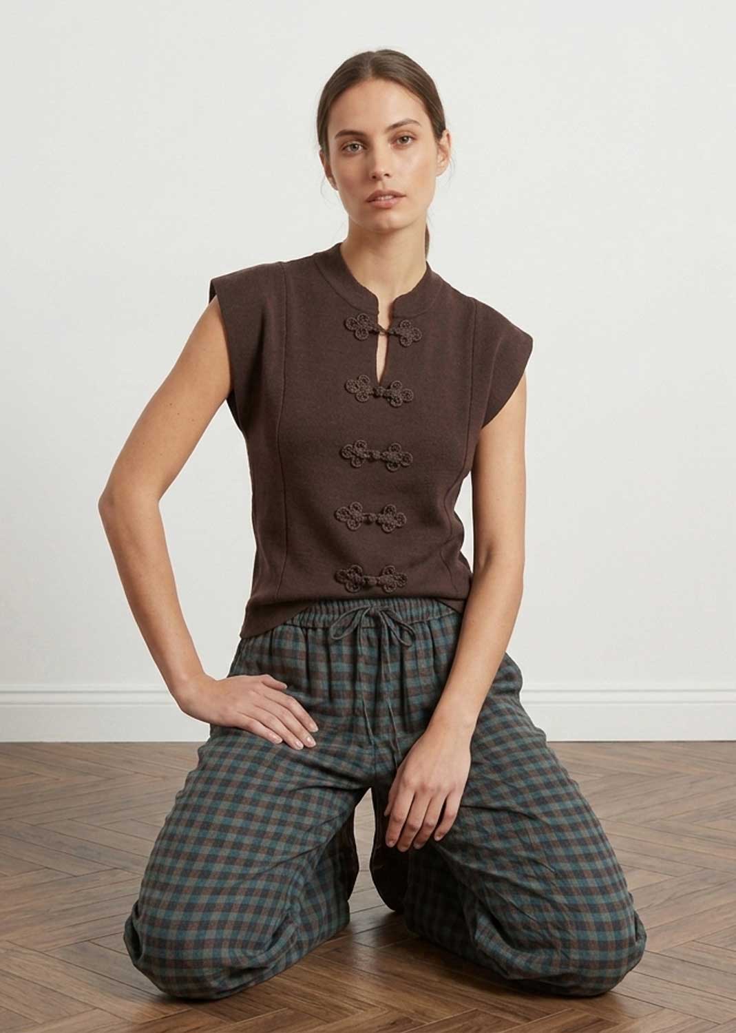 Lulu Chocolate Elevated Knot Button Top