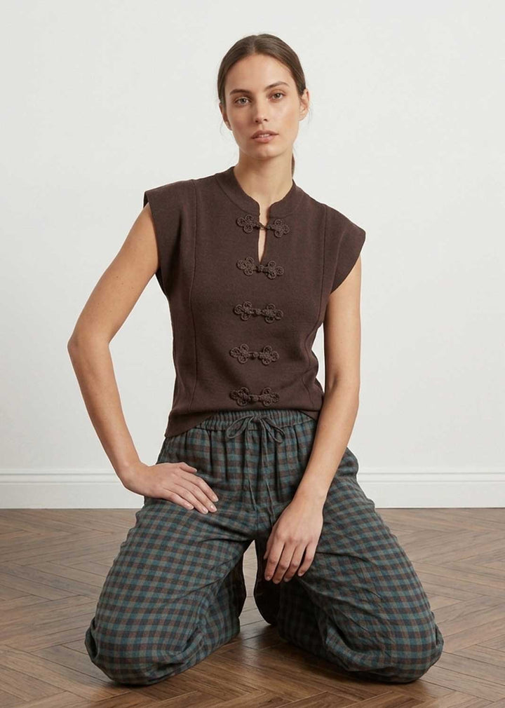 Lulu Chocolate Elevated Knot Button Top