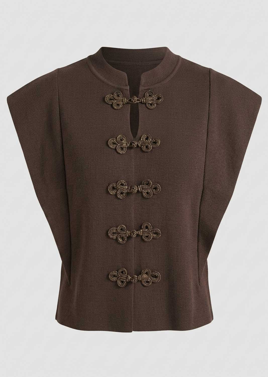 A dark brown sleeveless vest with a mandarin collar and decorative metallic button closures, shown against a light gray background.