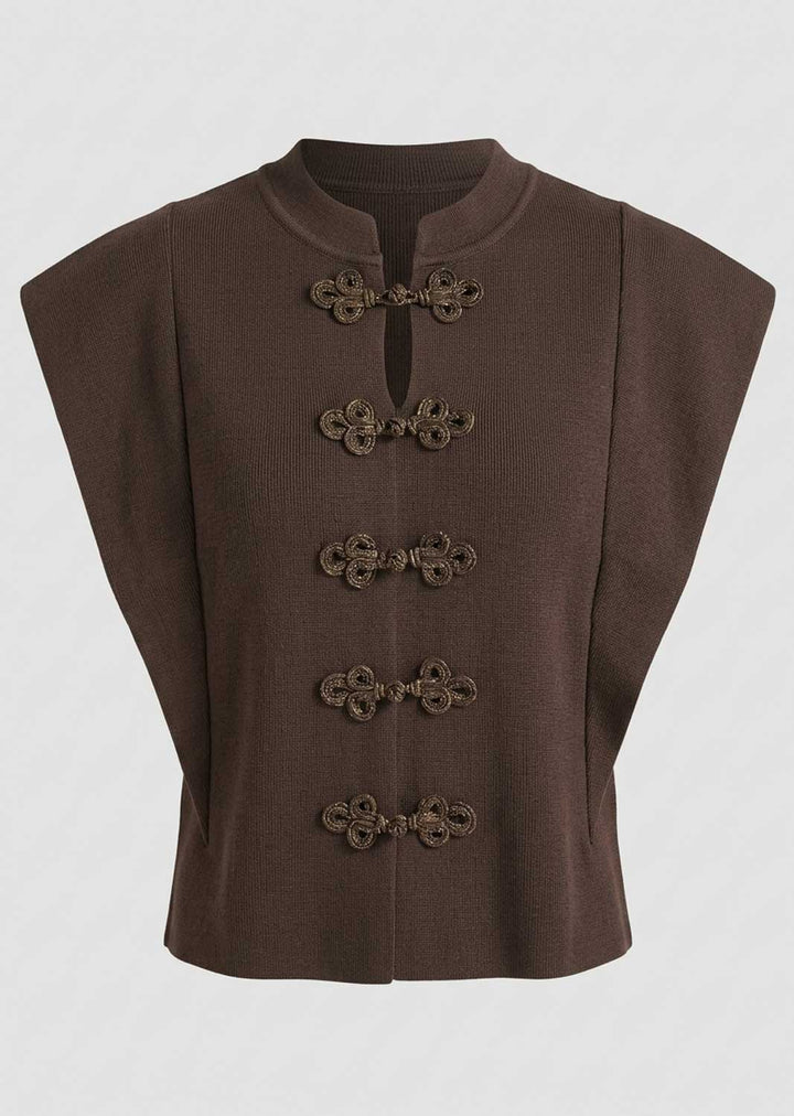 A dark brown sleeveless vest with a mandarin collar and decorative metallic button closures, shown against a light gray background.