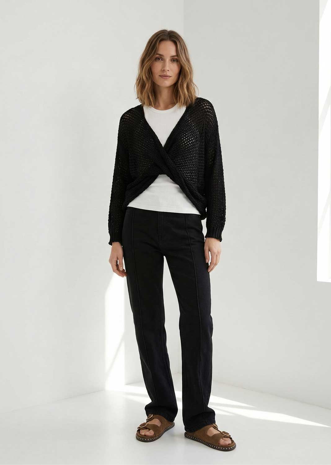 crossover crochet knit top black