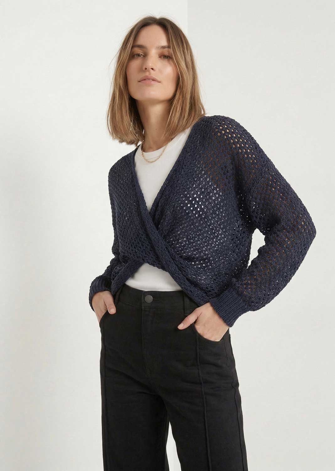 navy crossover crochet knit top 