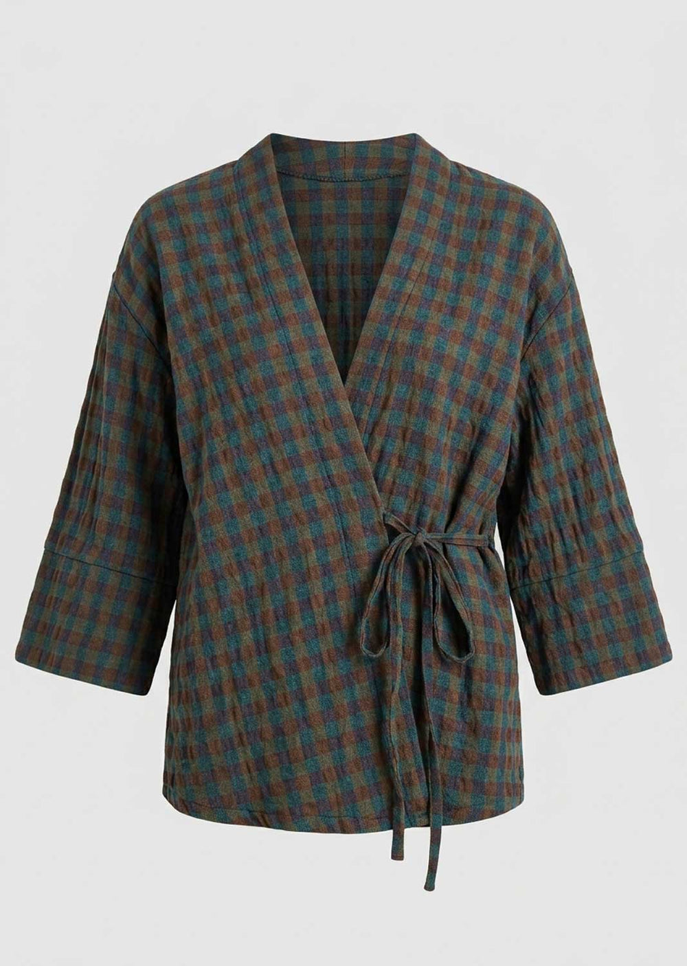 A plaid wrap jacket with three-quarter sleeves and a self-tie belt, featuring a textured fabric in dark green and brown tones, shown against a plain light gray background.
