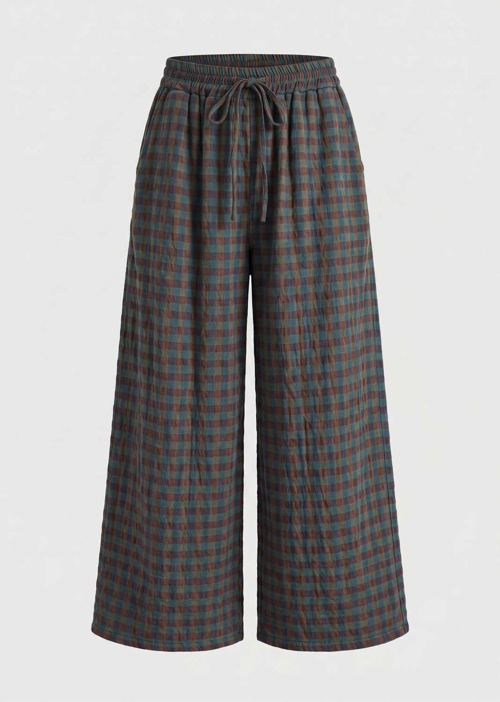 A pair of wide-leg cropped pants featuring a dark green and brown plaid pattern, an elastic waistband, and a matching drawstring, shown against a plain light gray background.