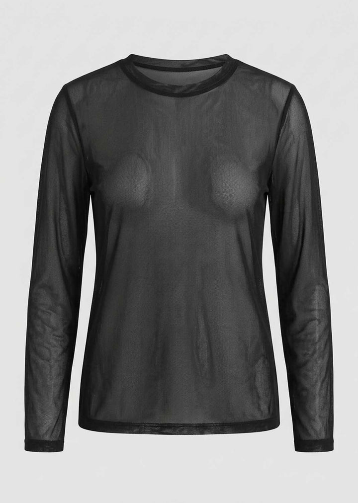 A black sheer long-sleeve mesh top with a crew neck, displayed on a neutral light gray background.