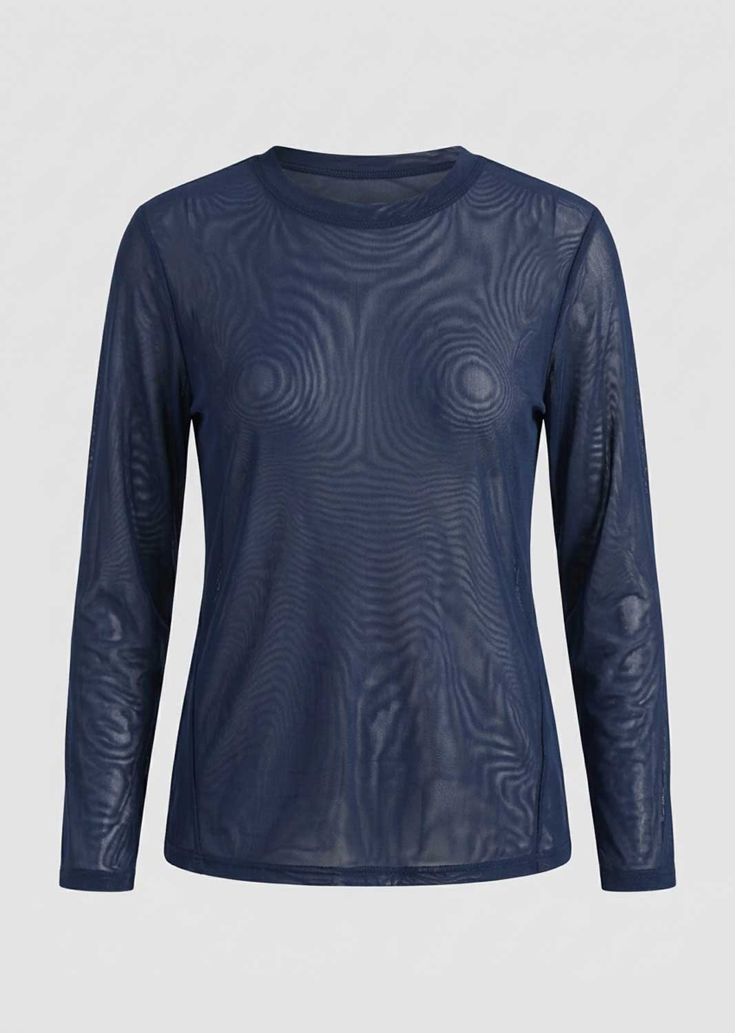 A navy blue long-sleeve top with a sheer, textured mesh-like pattern that creates a wavy, organic visual effect, shown against a light gray background.