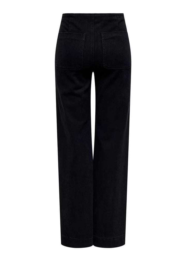 madeline Black wide-leg cropped pants shown from the back, featuring two large patch pockets and a straight-leg silhouette, on a plain white background.