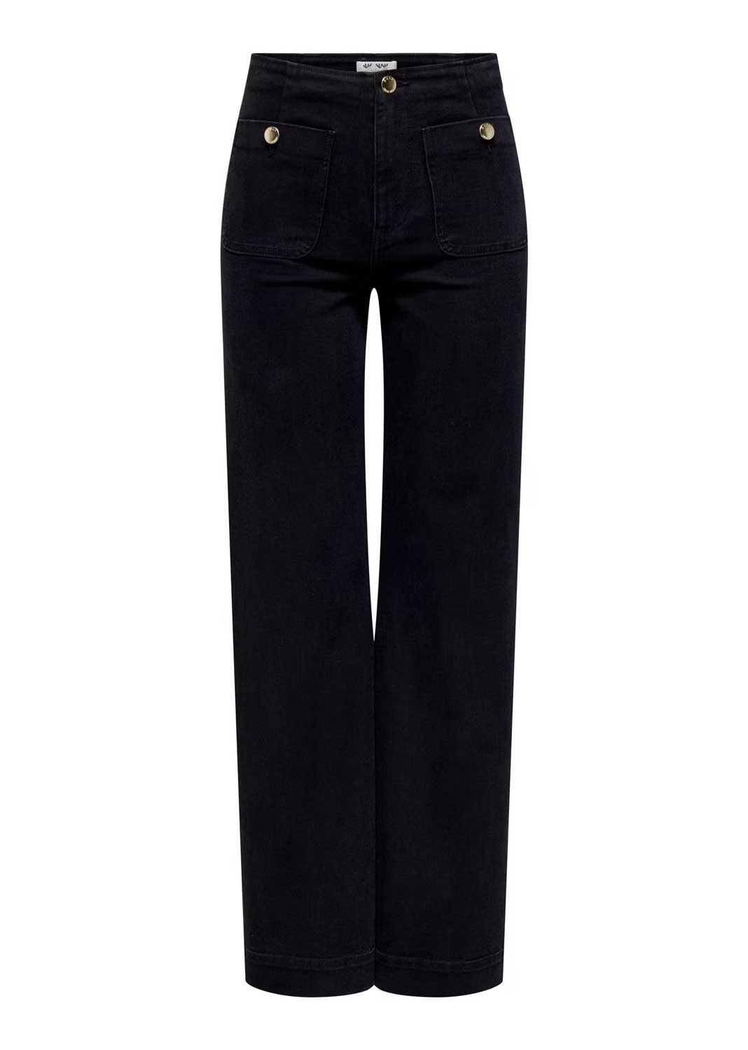 madeline Black wide-leg cropped jeans with a straight-to-slightly-flared leg, featuring classic five-pocket styling and gold-tone metal button details on the waistband and hips.