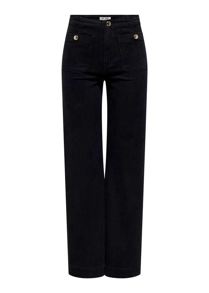 madeline Black wide-leg cropped jeans with a straight-to-slightly-flared leg, featuring classic five-pocket styling and gold-tone metal button details on the waistband and hips.