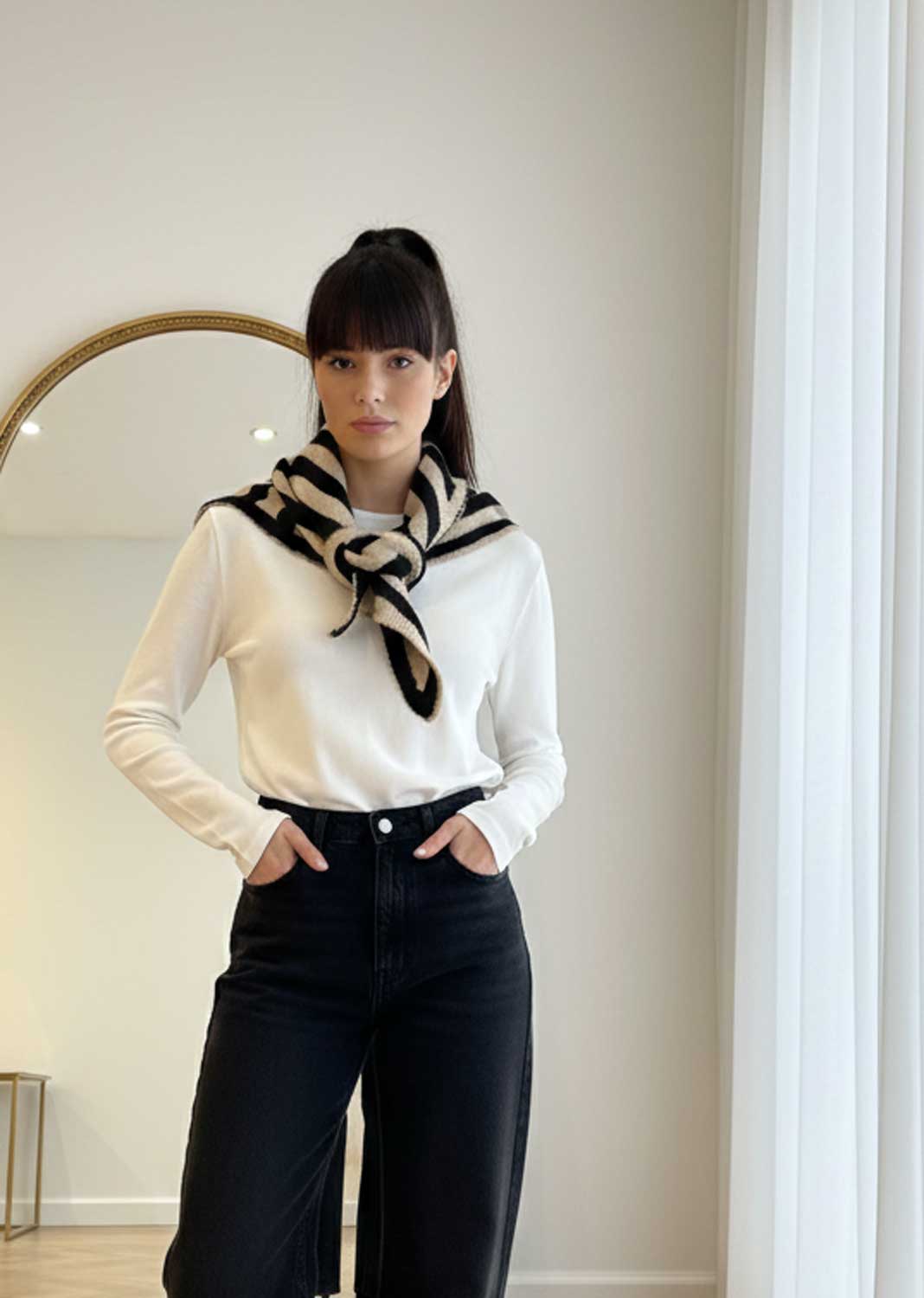 Manon Stripe Triangle Scarf Beige Black