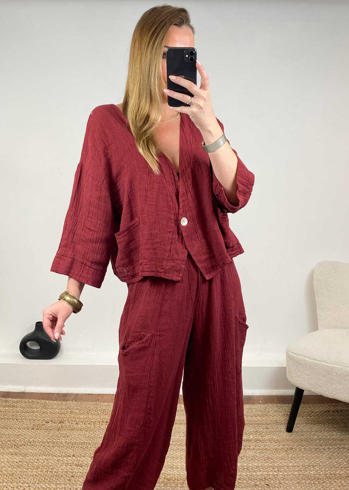 Milo Linen Jacket in Burgundy
