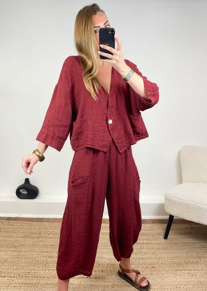 Milo Linen Jacket in Burgundy