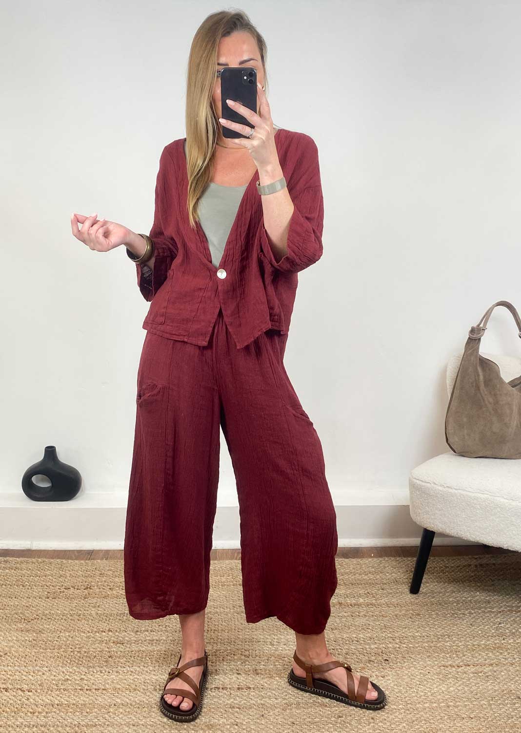 Milo Linen Barrel Pants in Burgundy