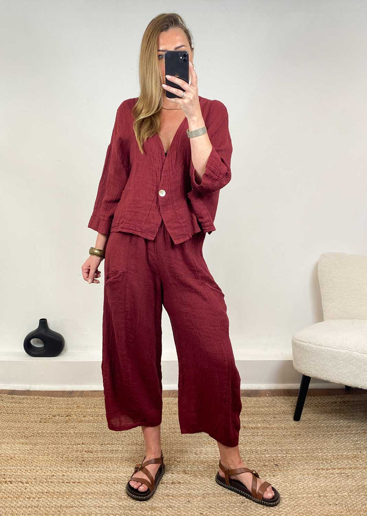 Milo Linen Barrel Pants in Burgundy