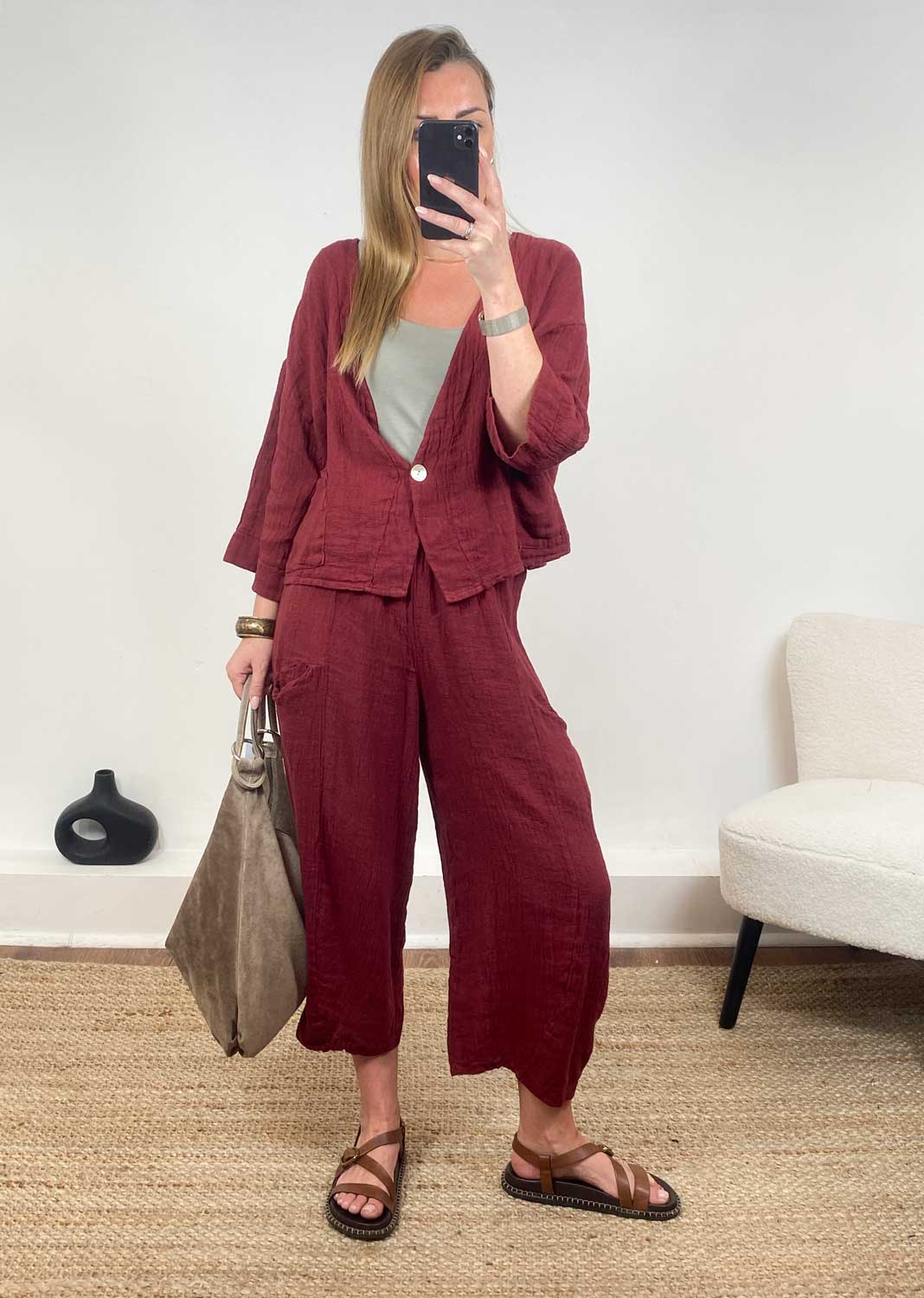 Milo Linen Barrel Pants in Burgundy