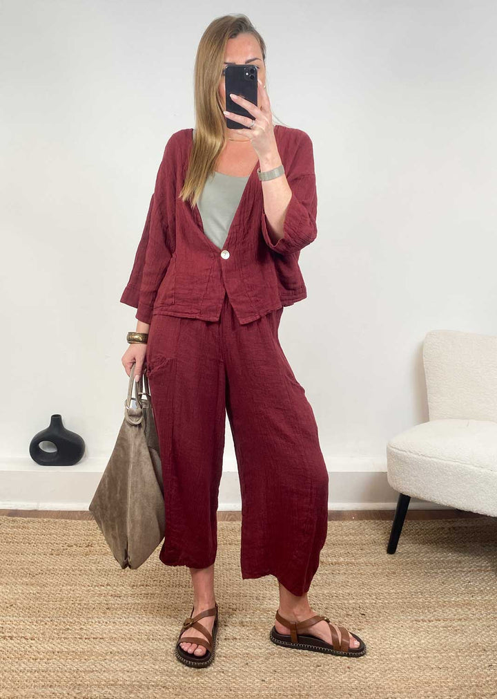 Milo Linen Barrel Pants in Burgundy