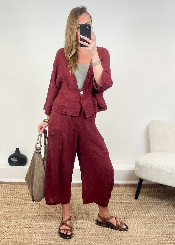 Milo Linen Barrel Pants in Burgundy