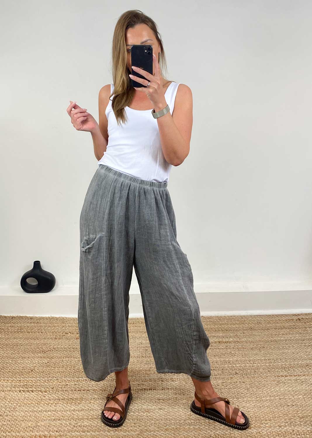 Milo Linen Barrel Pants in Grey