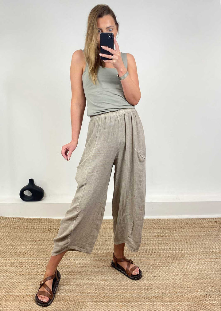 Milo Linen Barrel Pants in  Taupe