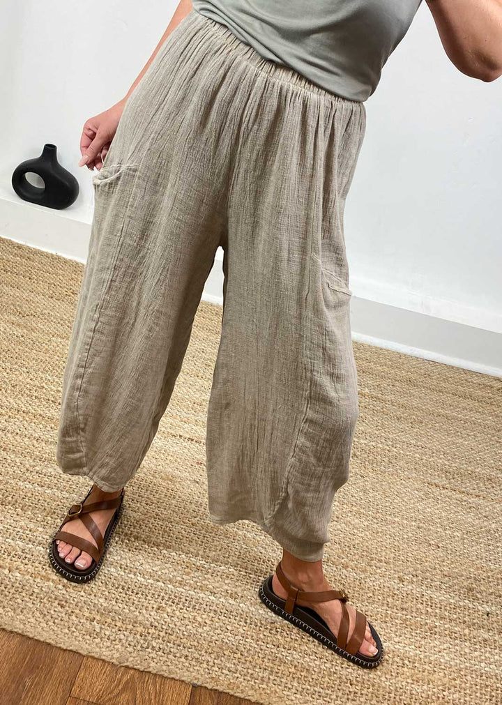 Milo Linen Barrel Pants in  Taupe