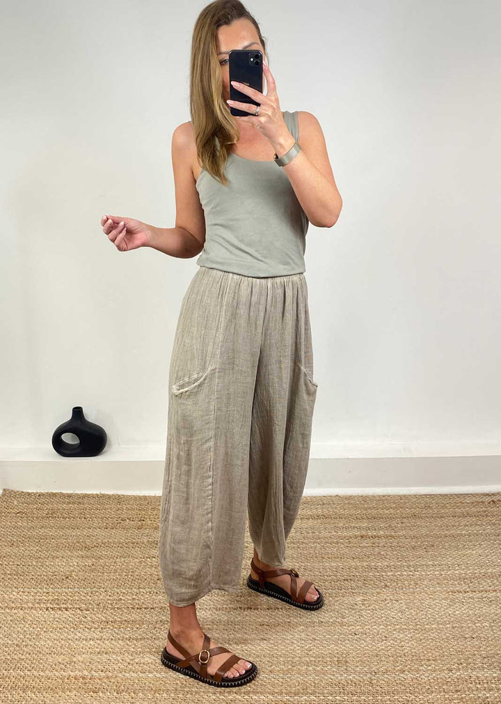Milo Linen Barrel Pants in  Taupe