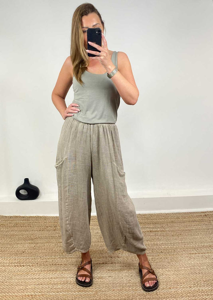 Milo Linen Barrel Pants in  Taupe