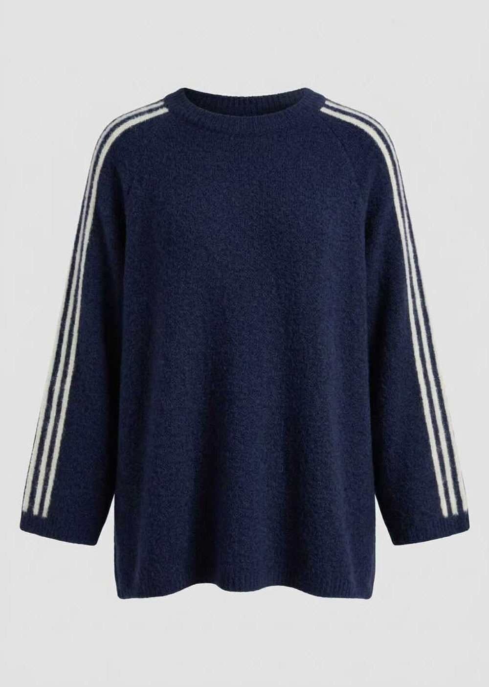 A navy blue knit sweater with three white stripes running down the sleeves, shown against a plain light gray background.