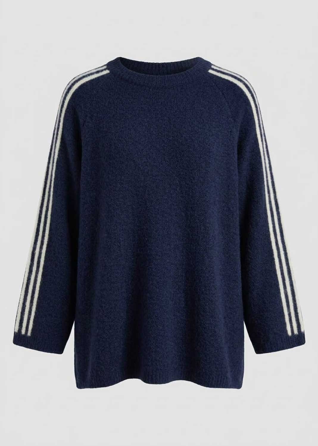 A navy blue knit sweater with three white stripes running down the sleeves, shown against a plain light gray background.
