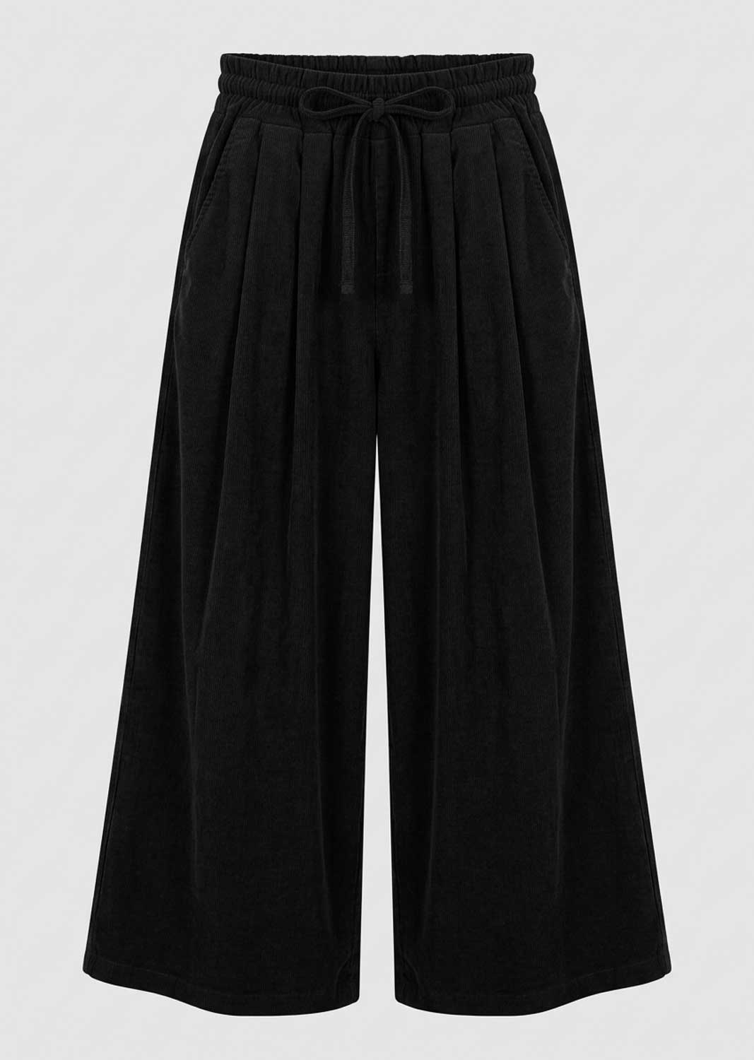 Black wide-leg pants with an elastic drawstring waistband, shown against a light gray background.