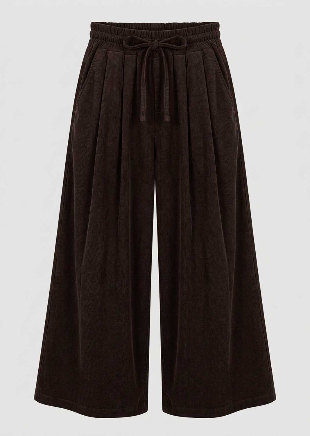 Dark brown wide-leg  pants with an elastic drawstring waist, shown against a light gray background.