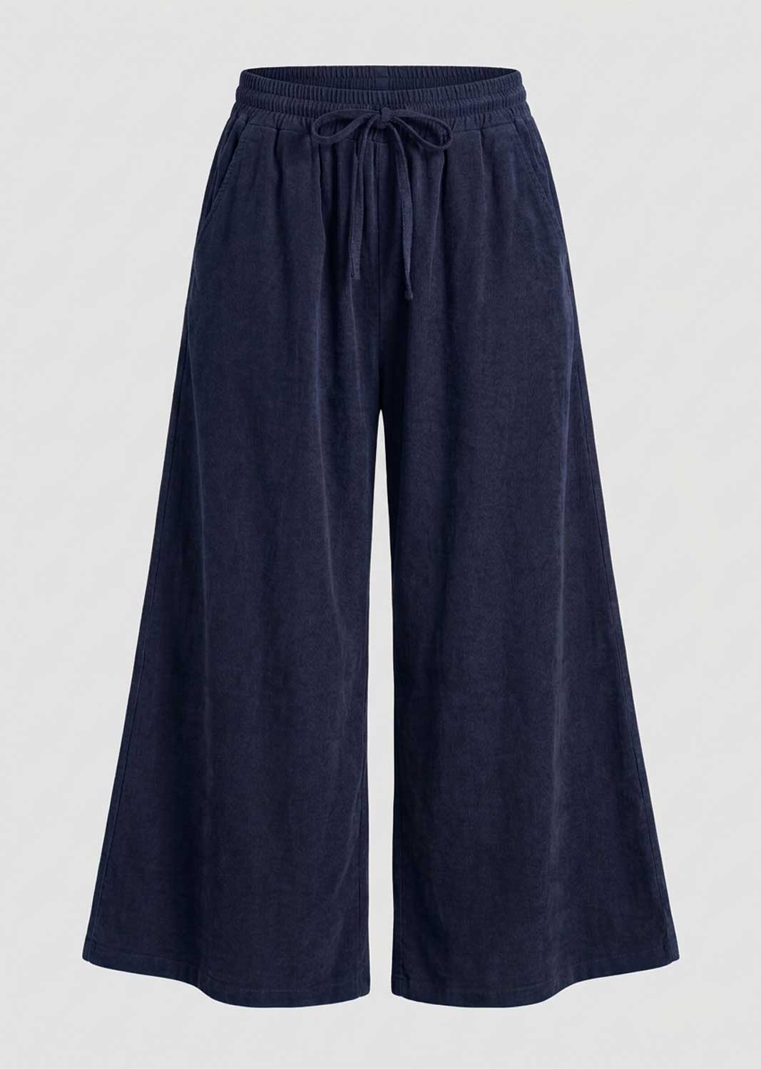 A pair of dark navy blue wide-leg pants with an elastic waistband and drawstring, shown against a light gray background.