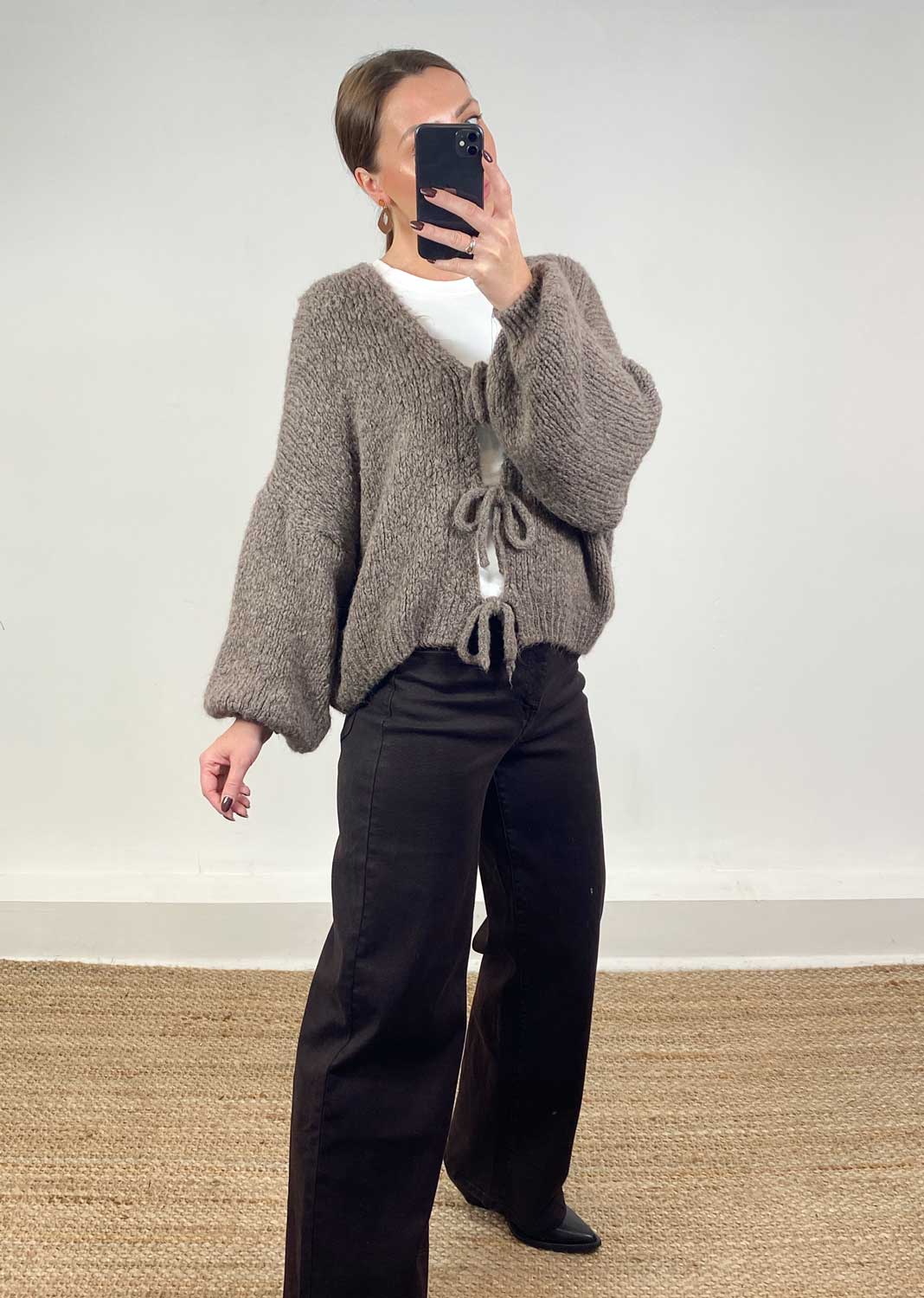 Tie Front Cardigan Mushroom