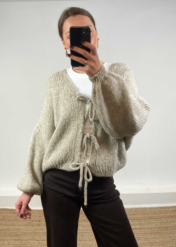 Moira Tie Front Cardigan Taupe