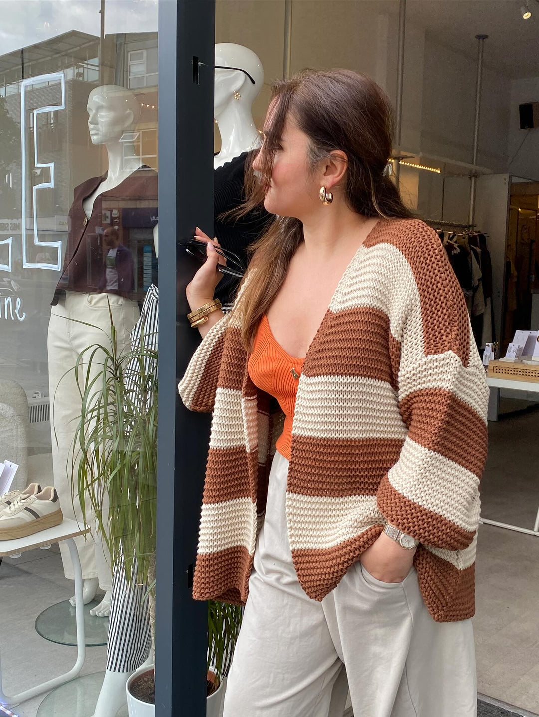 Odette Stripe Cardigan  Cream Brown