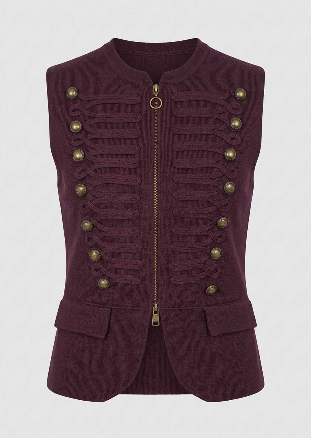 A sleeveless, structured military-style vest in deep burgundy, featuring a central gold zipper, decorative gold-tone buttons, and ribbed detailing on the front, set against a light gray background.